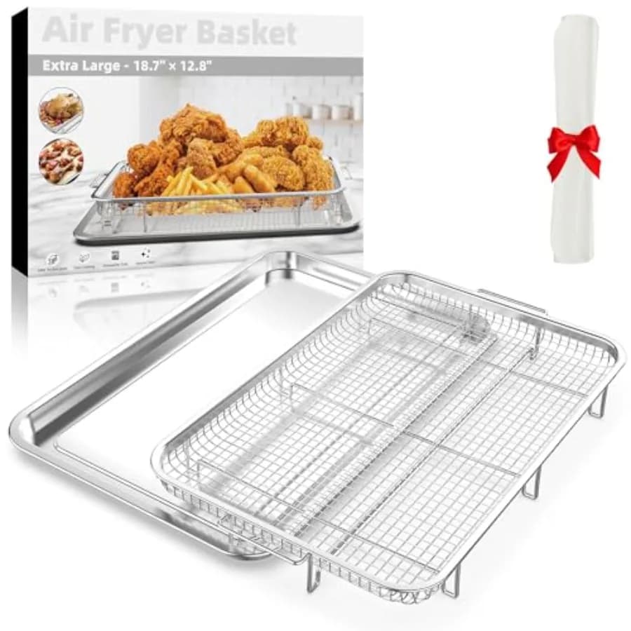 Cestello per friggitrice ad aria da forno extra large 18.8" x 12.8" e set di vassoi con 30 fogli di carta da forno in acciaio inossidabile
