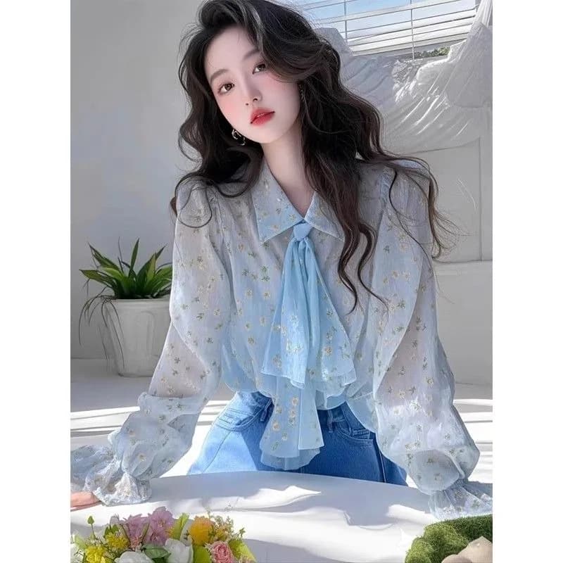 Chiffon shirts with polo collar with French graceful blue bow 2025 Long sleeve shirt with slim print spring summer Lady Fashion Floral Top