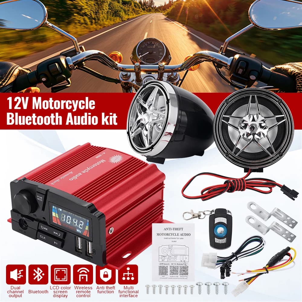 Altoparlante Bluetooth per Moto 12V 4x25W con Schermo LCD Antifurto, Chiamate in Vivavoce, Telecomando, Ricarica USB e Controllo APP