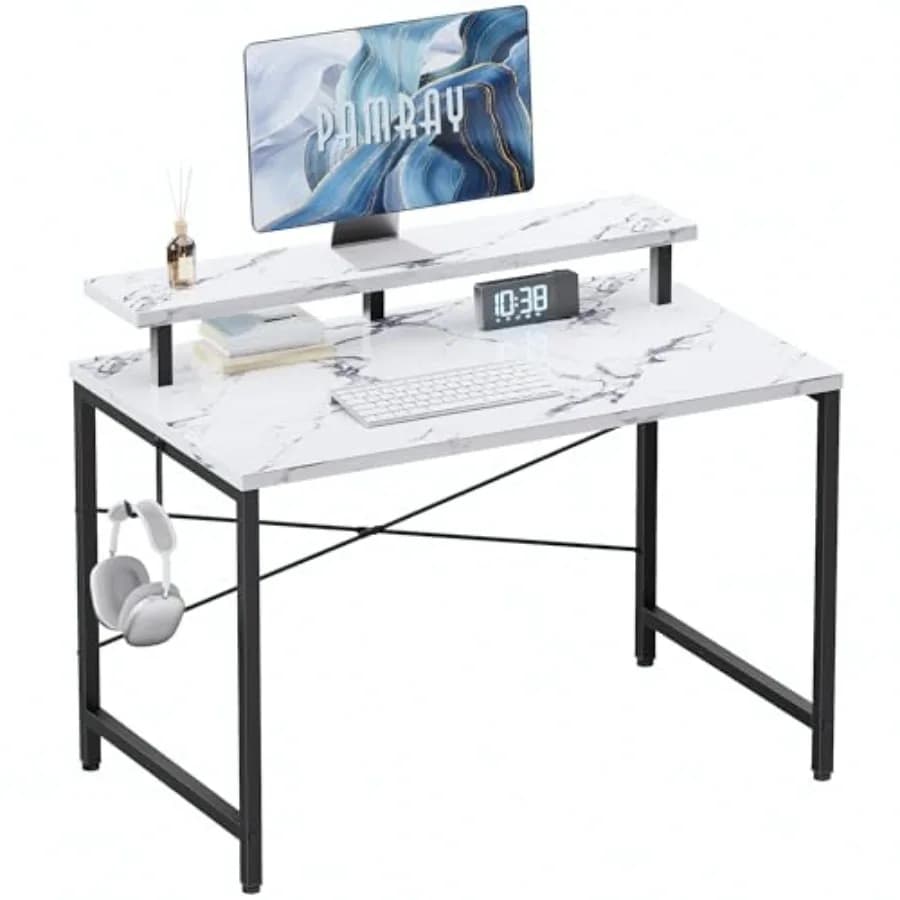 Piccola Scrivania per Computer con Supporto Monitor, Semplice Scrivania da Ufficio con Gancio per Cuffie, per Spazi Ristretti, Tavolo da Studio e Scrittura per Camera da Letto