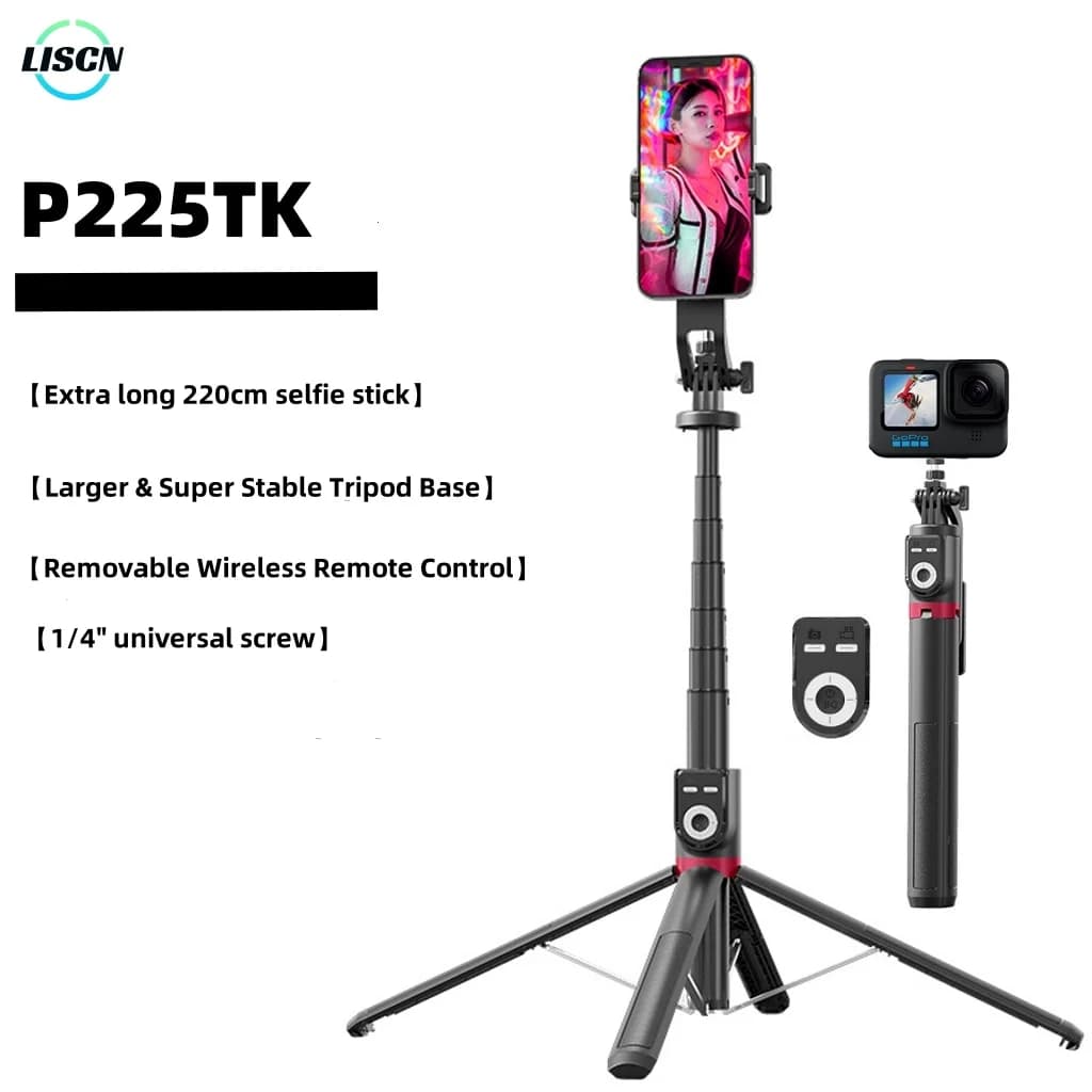 P225TK Selfie Stick treppiede treppiede per telefono cellulare da 220CM con telecomando Bluetooth senza fili staffa retrattile in lega di alluminio