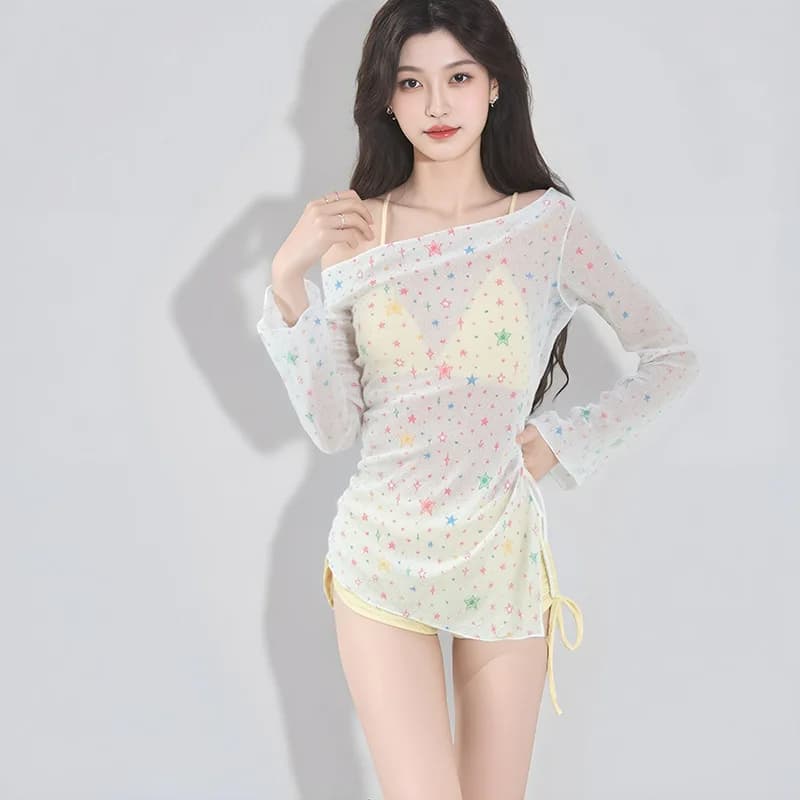Set three-piece light yellow swimsuit with star print and transparent long sleeve cover, modest swimsuit for beach holidays and pool