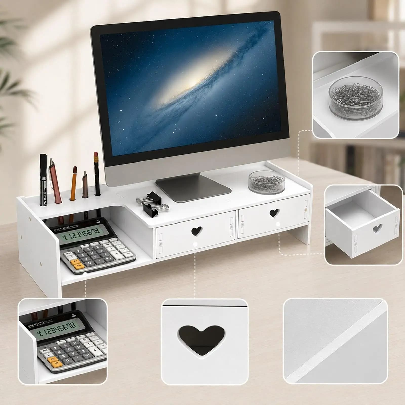 Computer stand, elevated computer shelf with drawer, portable desk organizer,