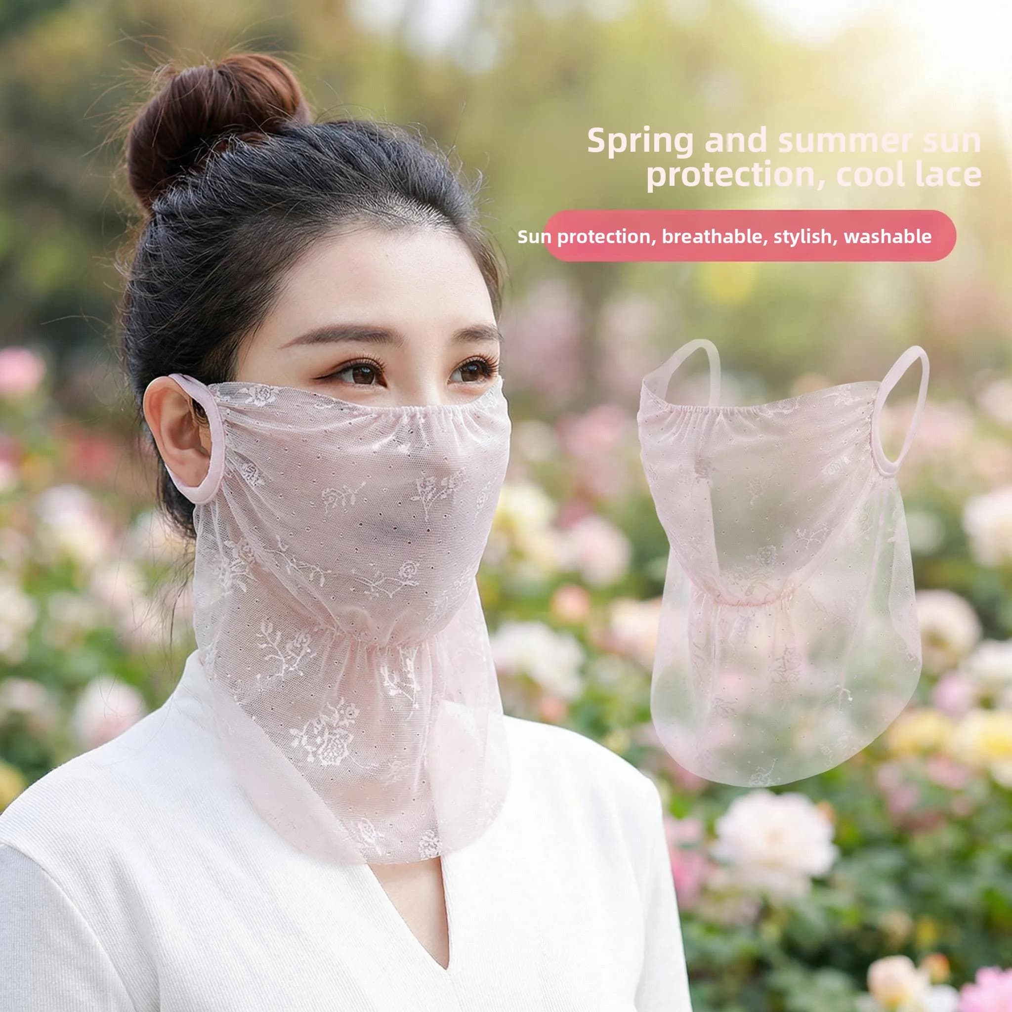 Maschera viso in pizzo con protezione UV per primavera, estate e autunno, sottile, traspirante, in rete, da donna, con design traforato e laccetti per le orecchie