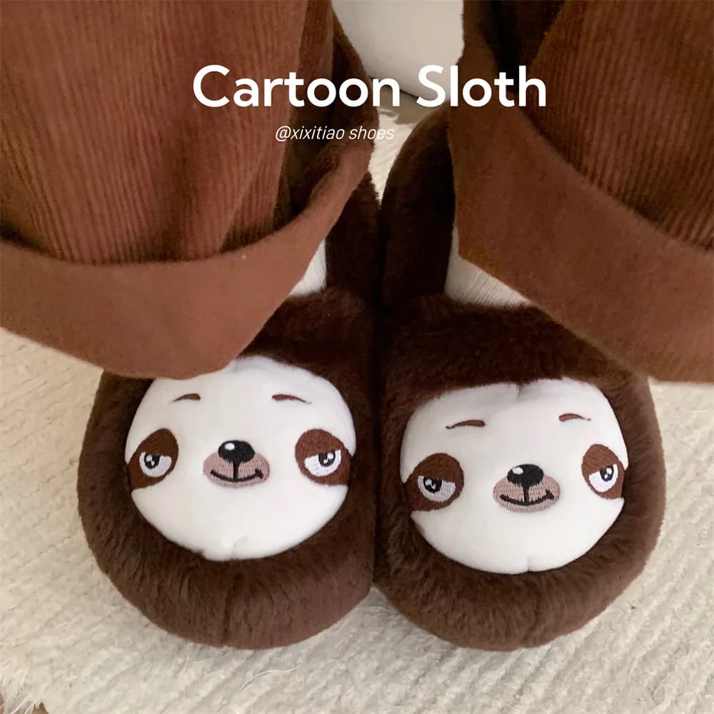 Indoor Cotton Slippers For Women Men Winter Warm Shoes Cute Cartoon Sloth Soft Plush Anti-slip Couples Home Floor Fluffy Shoes