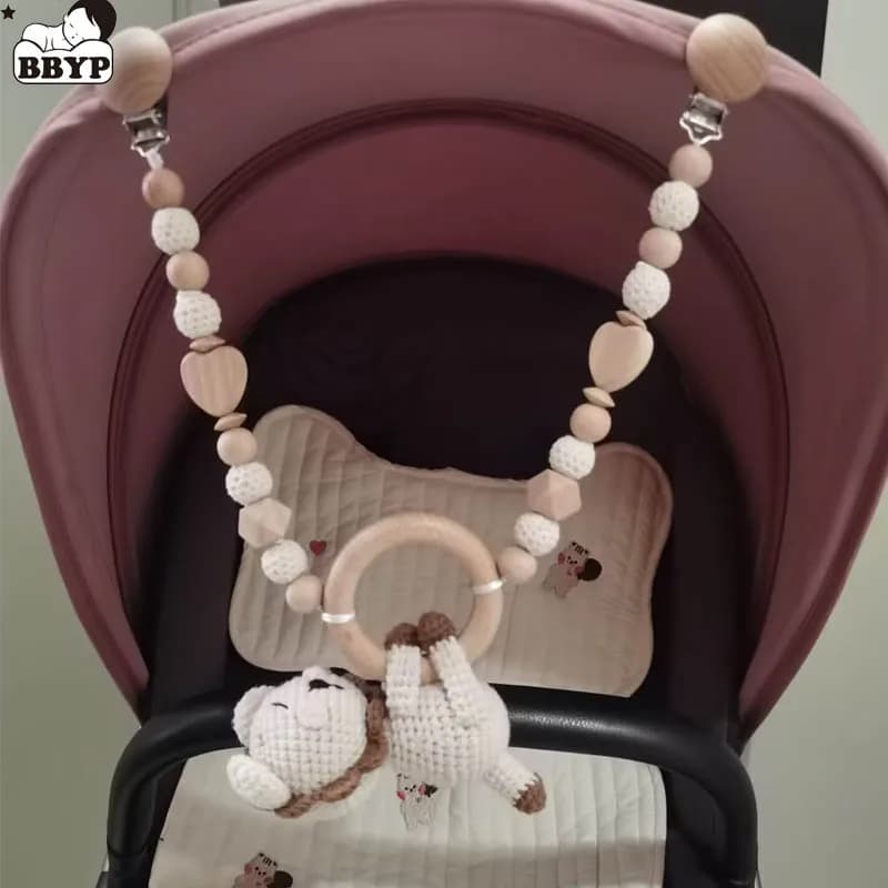 Baby Wooden Gym Stroller Lion Hanging Pendant Toy Crochet Animal Pendant Bead Bracelet Infant Crib Mobile Rattle Toy