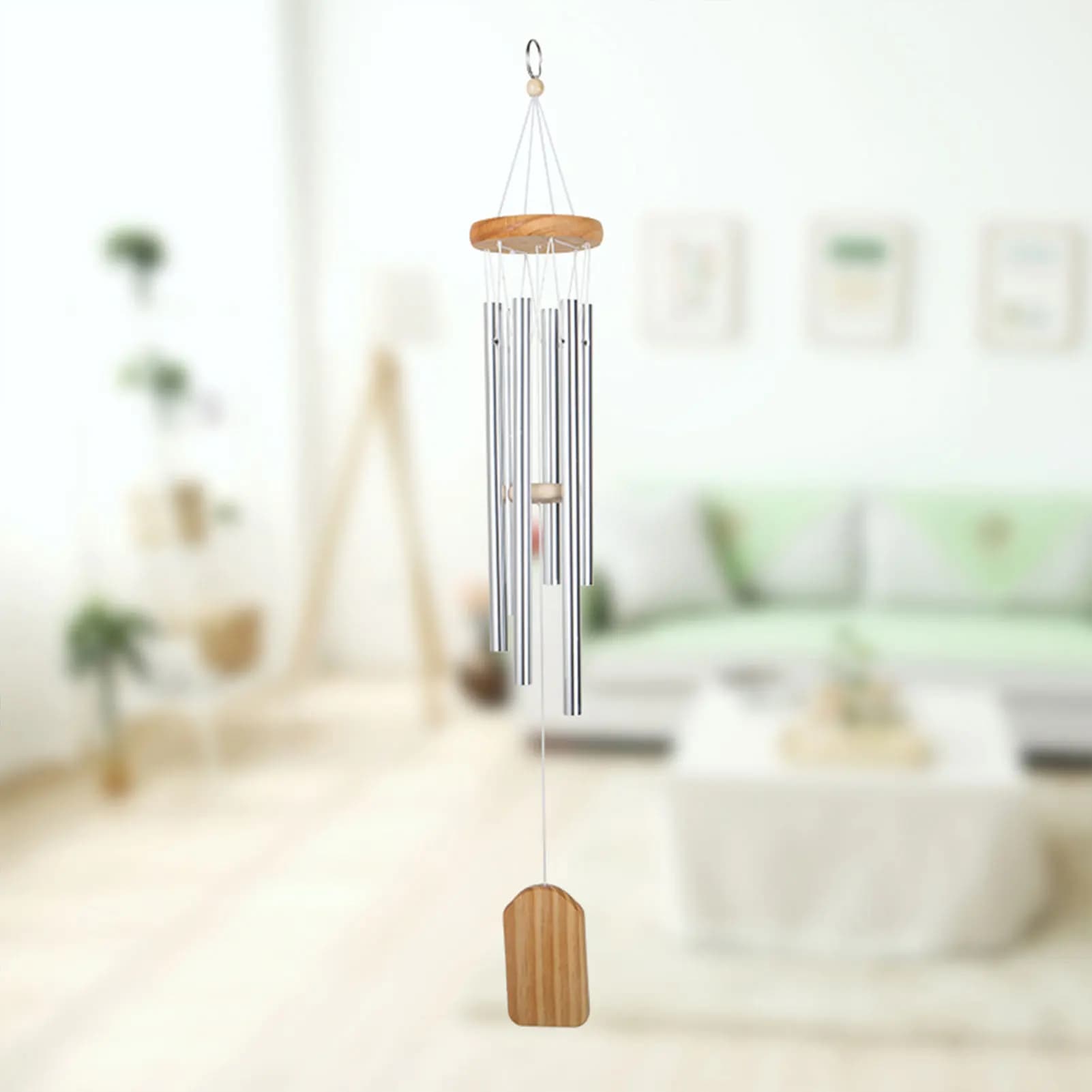 6 Tube Wind Chime Metal Wood Bell Sound Natural Style Hanging Ornament for Garden Front Door Porch Outdoor Decoration Gift