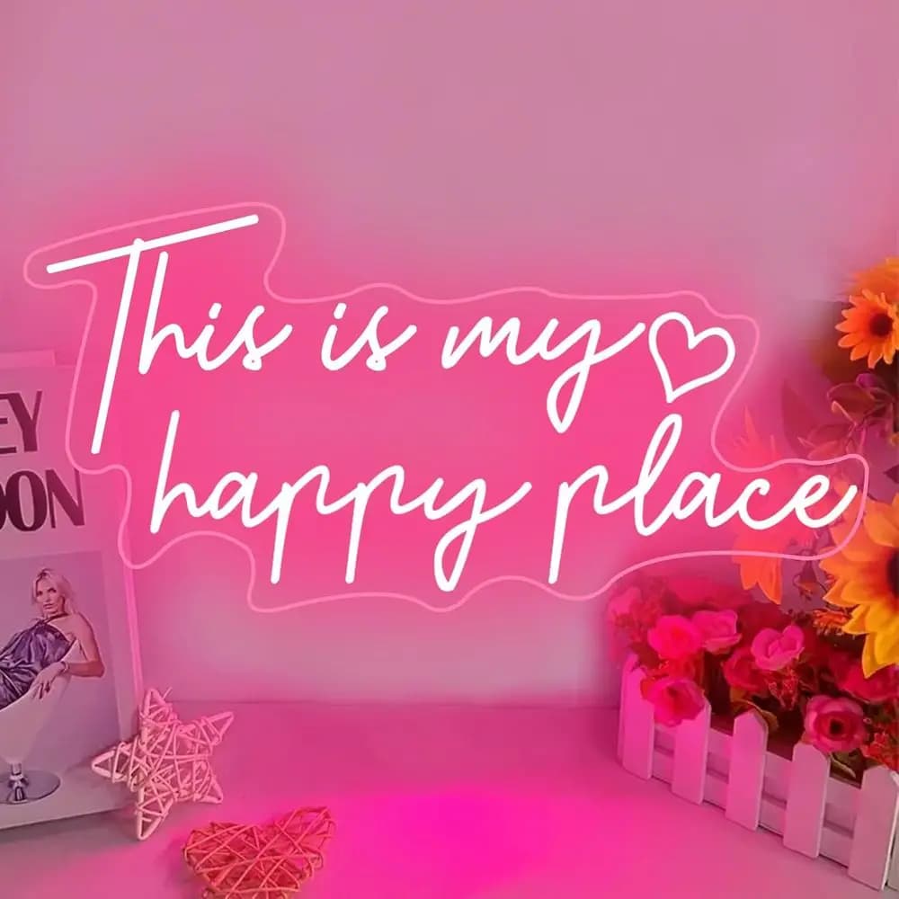 Insegna al Neon 'This is My Happy Place' LED Rosa, Decorazione Estetica per Camera o Insegna Luminosa per Ragazze Adolescenti o Camera da Letto, Sn, College D