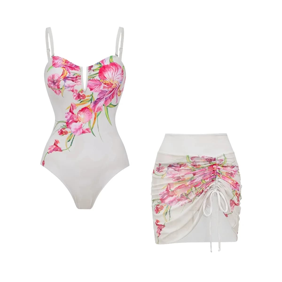 Women 2Piece White Floral Print One‑Piece Swimsuit Adjustable Drawstring Short Skirt Cover‑Up Spaghetti Strap Beach Swimwear Set