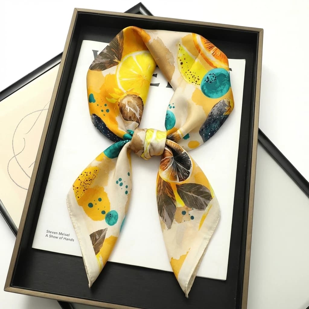 Foulard quadrato estivo da 70 cm in seta per donna, con stampa a frutta, bandana e sciarpa alla moda, nastro per borsa, da usare in spiaggia