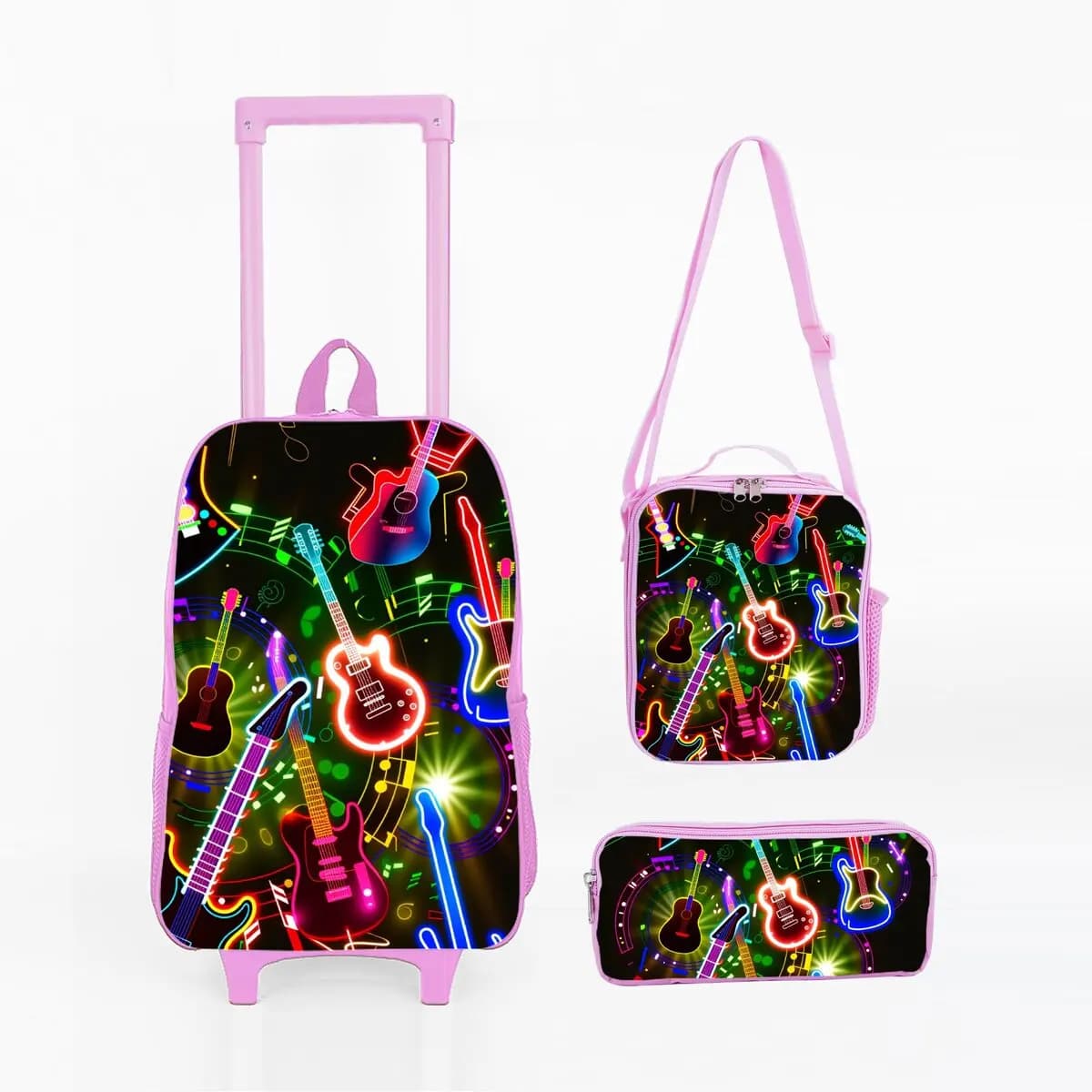 Set di Borse Trolley per Bambini con Stampa Chitarra, con Borsa Pranzo e Astuccio con Ruote, Zaino Trolley Scolastico per Ragazze/Ragazzi