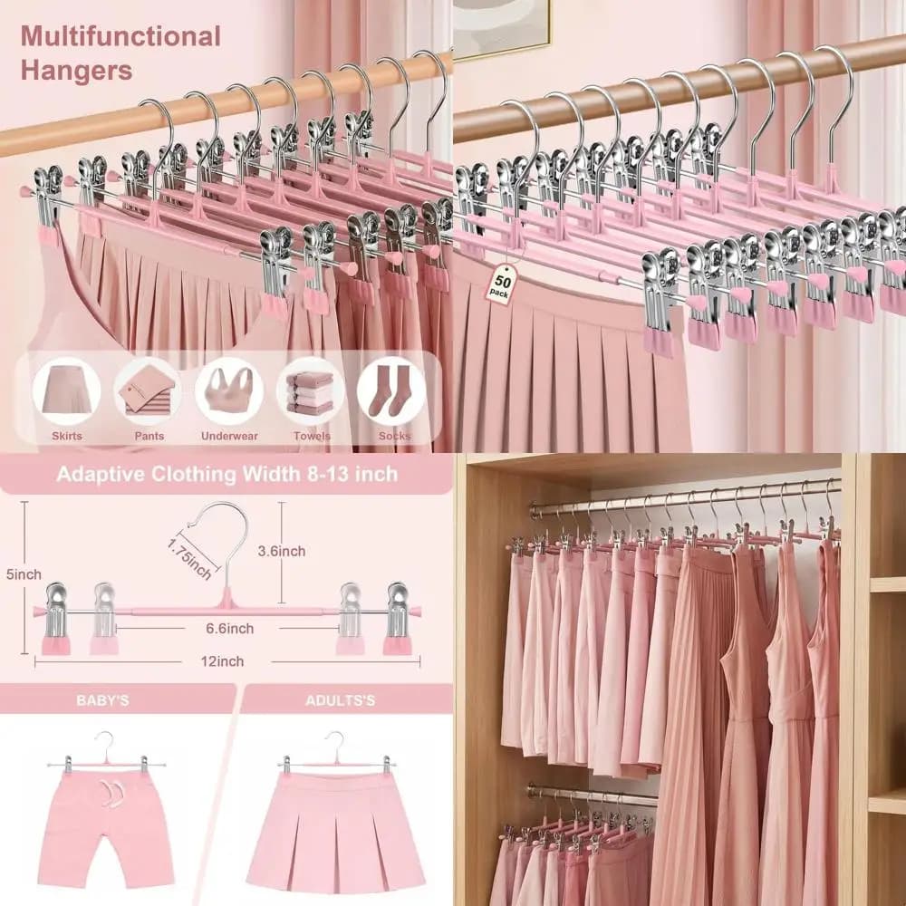 Confezione da 50 appendiabiti regolabili da 12 pollici, resistenti e antiscivolo, per gonne da donna, con clip salvaspazio per jeans, pantaloncini e pantaloni, rosa