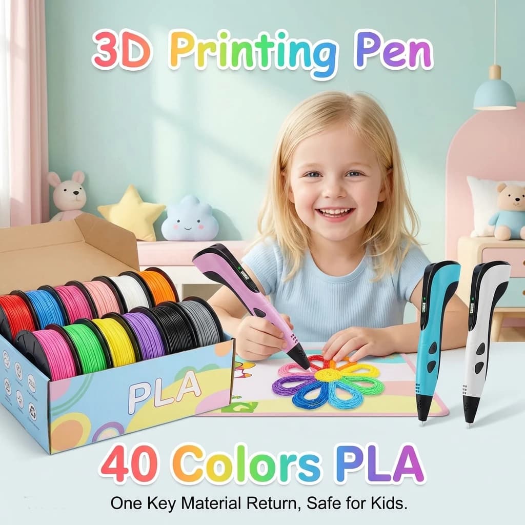 New 3D Pen for Children with Screen, 40 Colors, Filament PLA 1.75mm, DIY Design for Boys and Girls, Birthday Gift