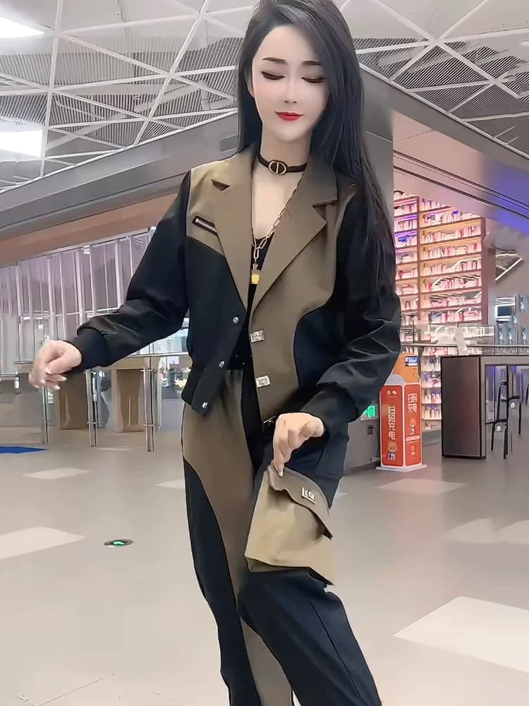 Korean style fashion suit women's 2025 new loose and versatile patchwork jacket+slimming leggings street two piece set