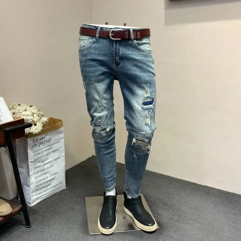 Abbigliamento Uomo Streetwear Coreano, Jeans Slim Fit a Gamba Stretta, Moda Maschile, Jeans Strappati Stile Vagabondo, Pantaloni Lunghi Primavera Autunno