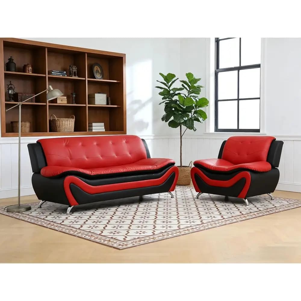 3-Piece Living Room Furniture Set: Modern Sectional Sofa in Black & Red Leather with Metal Legs