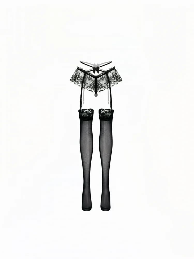 Sexy Lace Hollow out over Knee Garter Stockings Set Open Crotch Pure Desire Lace Underwear Women's Long Tube Socks Garter