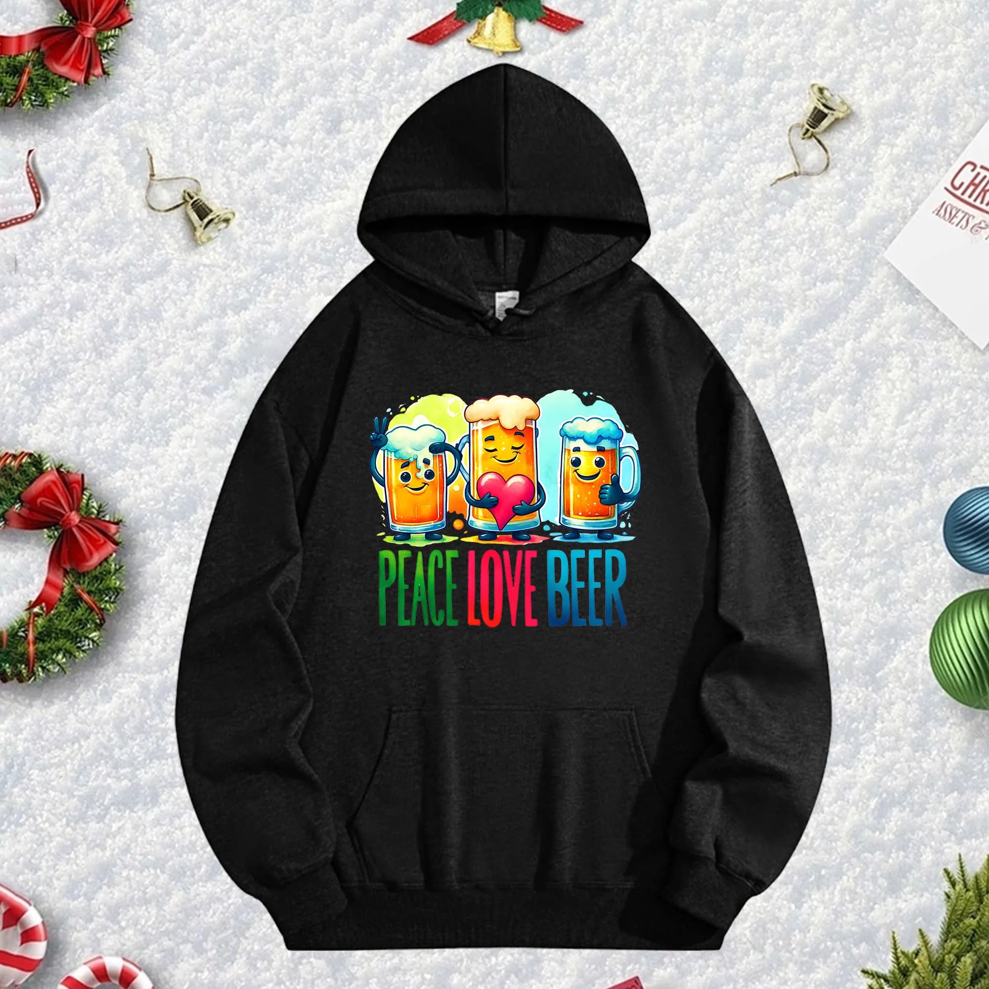 PEACE LOVE BEER 270G Black hoodie for men and women, comfortable oversize fleece pullover for autumn/winter Christmas