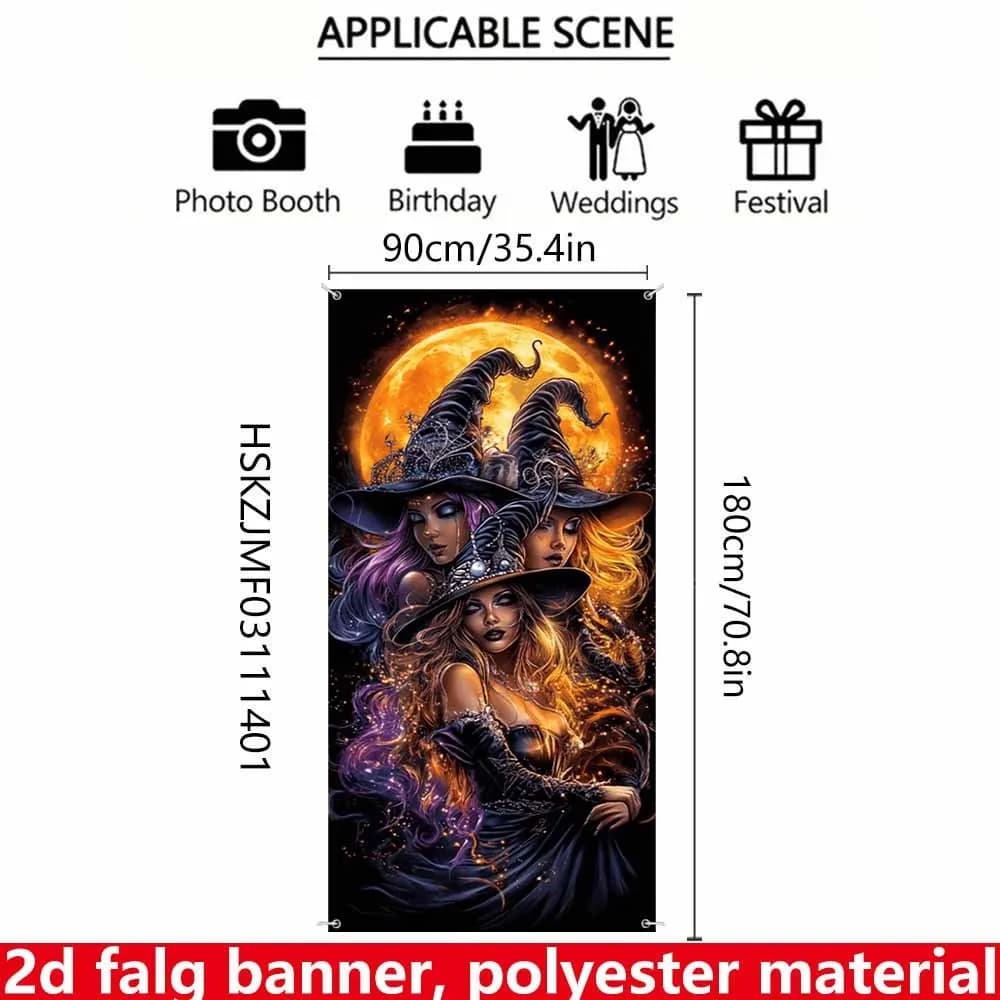 2D flat 1 piece Halloween door curtain banner, 1 piece featuring 3 witches under the moonlightzyc