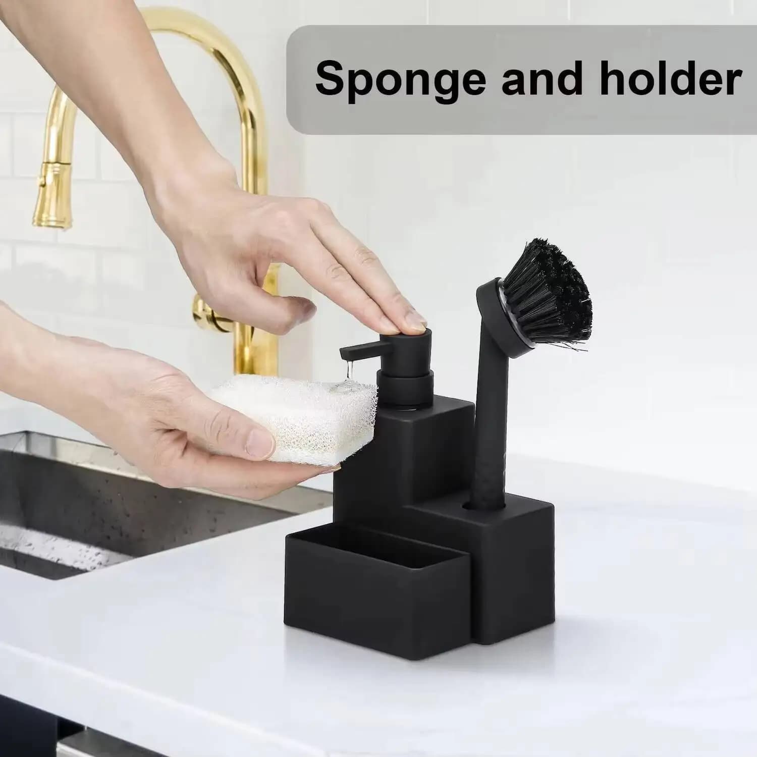 Moderno dispenser di sapone per piatti quadrato con portaspugna e spazzola 3 in 1 set per lavello da cucina organizer da appoggio nero opaco