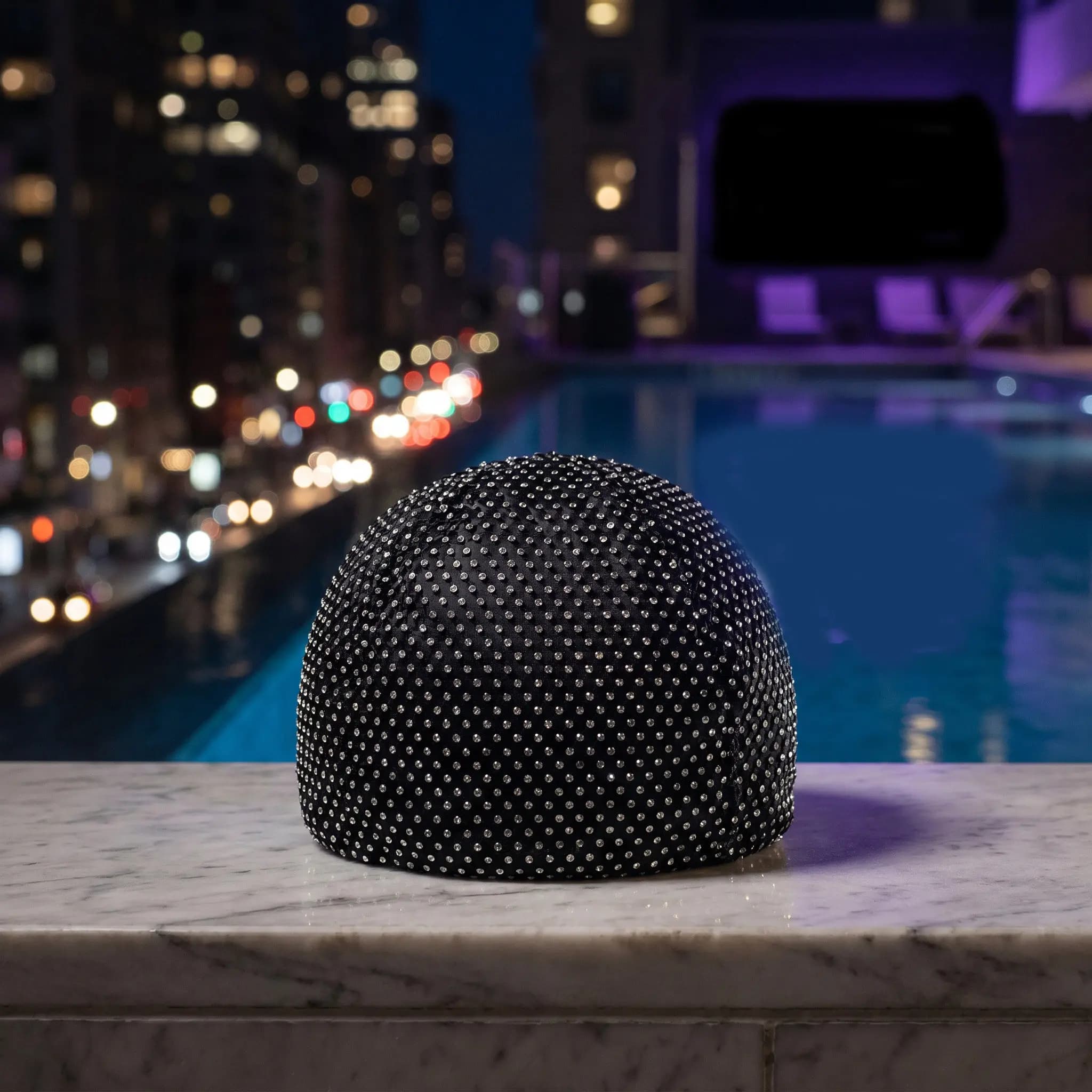 Fashion Rhinestone Swim Cap High Elastic Bling Fishnet Swimming Hat Waterproof Black Stretch PU Fabric Bathing Cap for Women