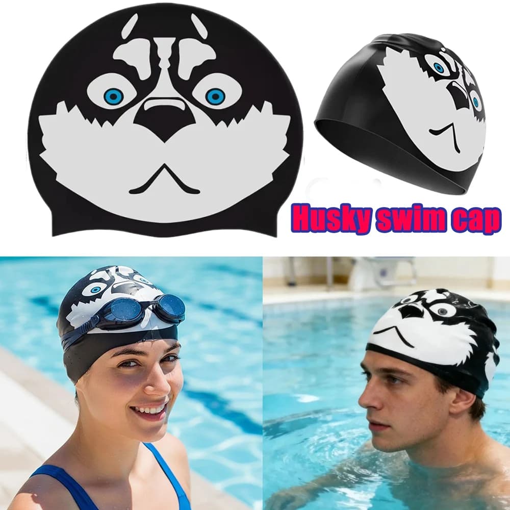 Silicone Swim Cap For Men Dog Print Comfortable Waterproof Stretch Fit For Adult Teen Male Dad Boyfriend Short Medium Hair