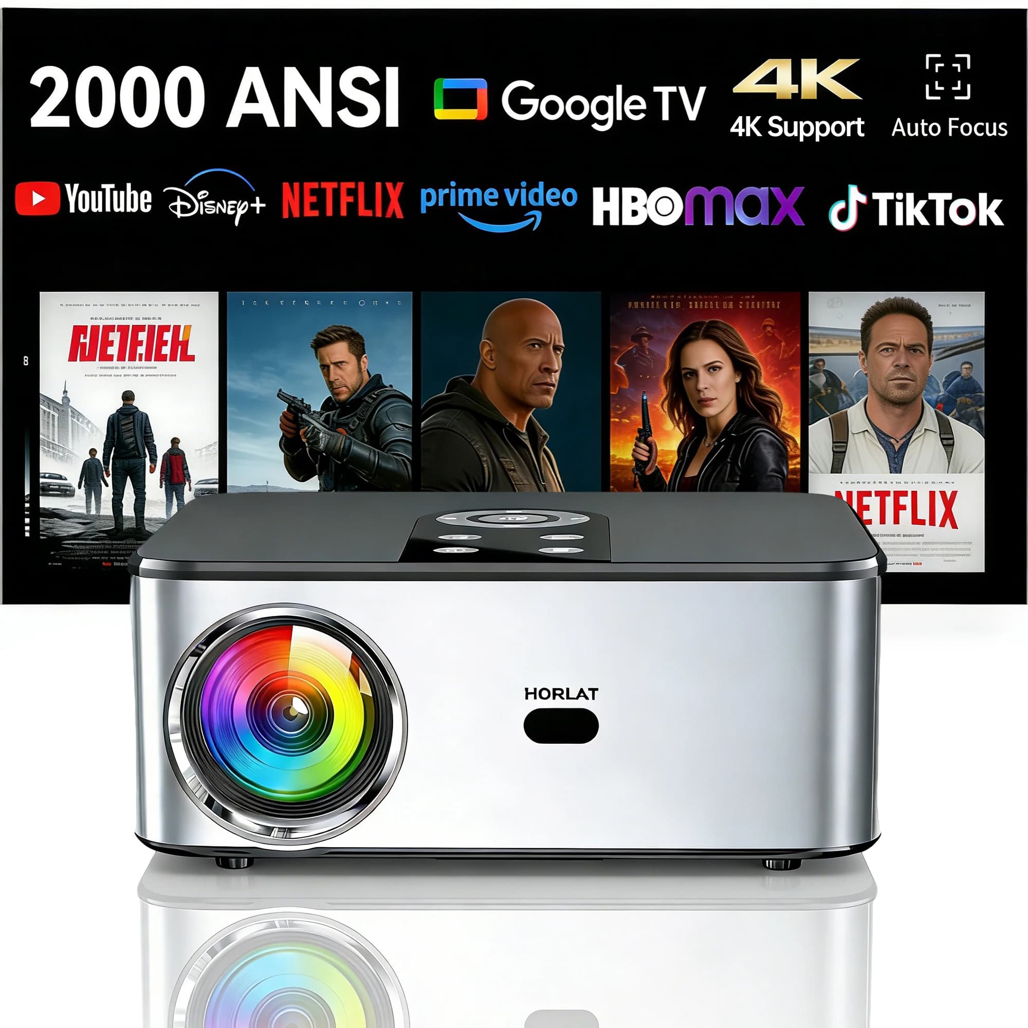 HORLAT T03 Proiettore Android TV 4K 40000 Lumen, Full HD 1080P, Video Audio 8K, Home Theater con Autofocus, Correzione Trapezoidale, WiFi Dual 5G