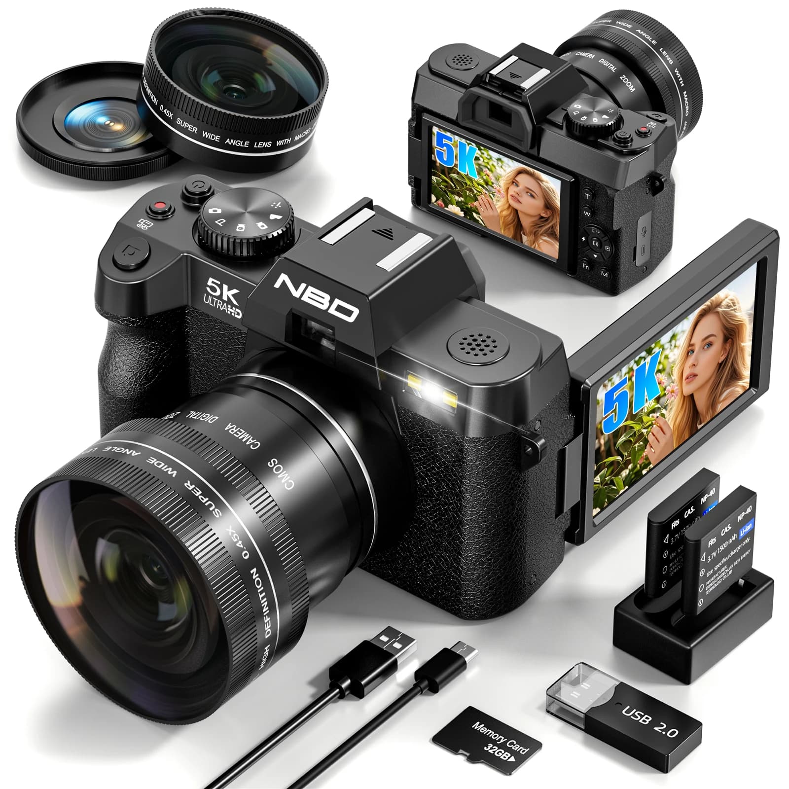 NBD S100F Digital Camera 64MP&5K Vlog Camera 3" Flip Screen for Selfie Camcorder Video Camera with 16X Digital Zoom Photography Youtube Live Streaming Girls Gift Microphone Long-lasting Battery