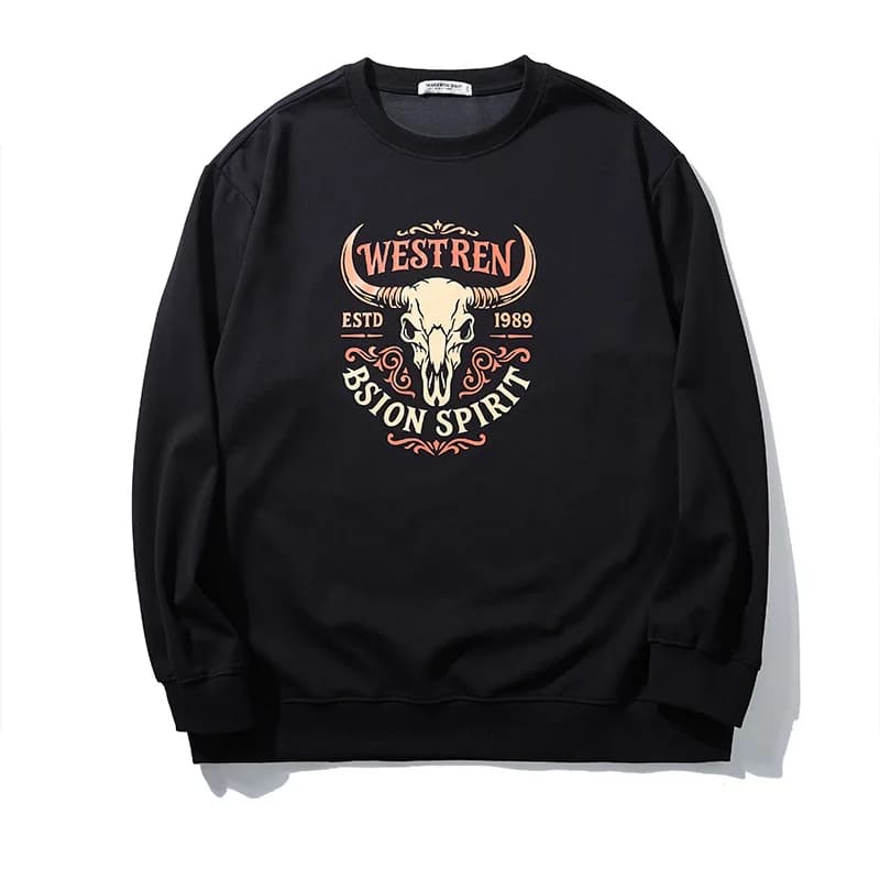 Men's Crew Neck Sweatshirt Western Bull Skull Print Long Sleeve Pullover Casual Spring Autumn Tops Loose Fit Streetwear Hoodie