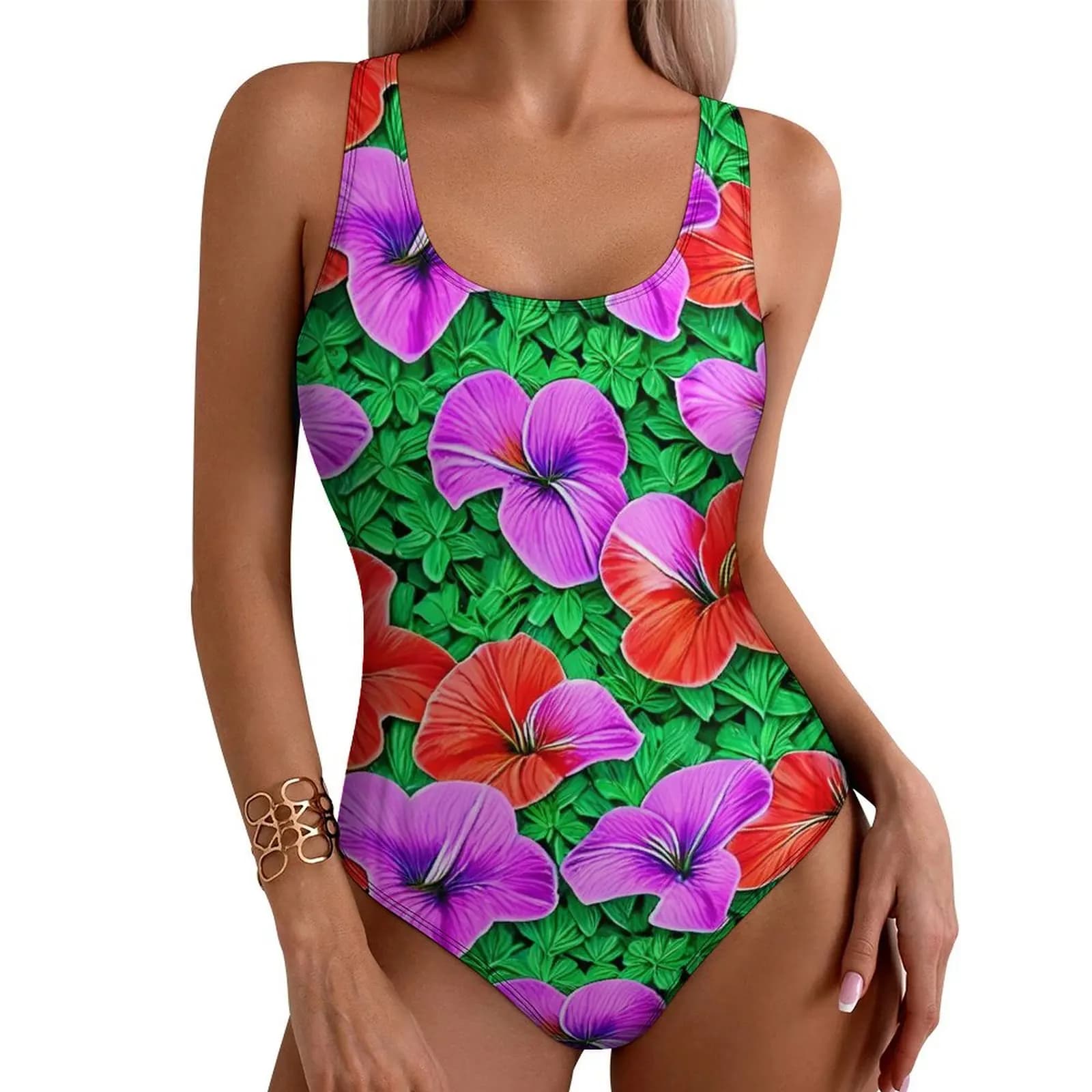 Costume da bagno con stampa floreale costume da bagno intero con ibisco colorato costume da bagno senza maniche costume da bagno Sexy Push Up femminile