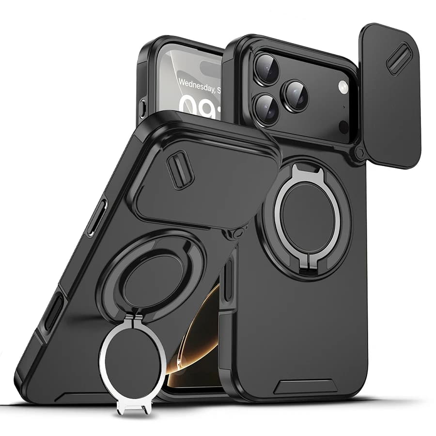 Heavy-Duty Shockproof Magnetic Phone Case with Sliding Camera Lens Cover and 360° Rotating Metal Ring Kickstand, Rugged Full-Body Protective Cover Compatible with iPhone 11/12/13/14/15/16/17 Pro Max, Plus and Air Series