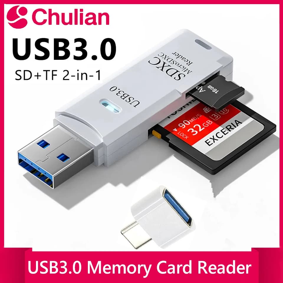 Lettore di Schede USB 3.0/2.0 2-in-1 ad Alta Velocità, Multifunzione per Schede TF/SD, per Computer, Tablet, Laptop e Auto