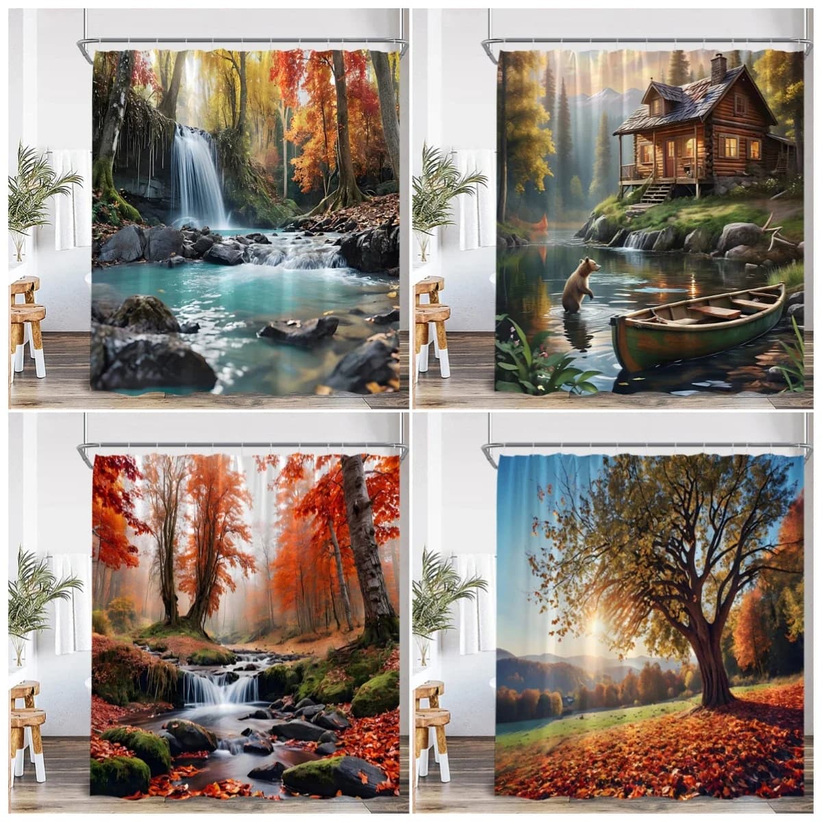 Tende da doccia con paesaggio autunnale: alberi di acero rosso, cascata, casetta in legno, orso, scena autunnale - Decorazione in tessuto per bagno e casa