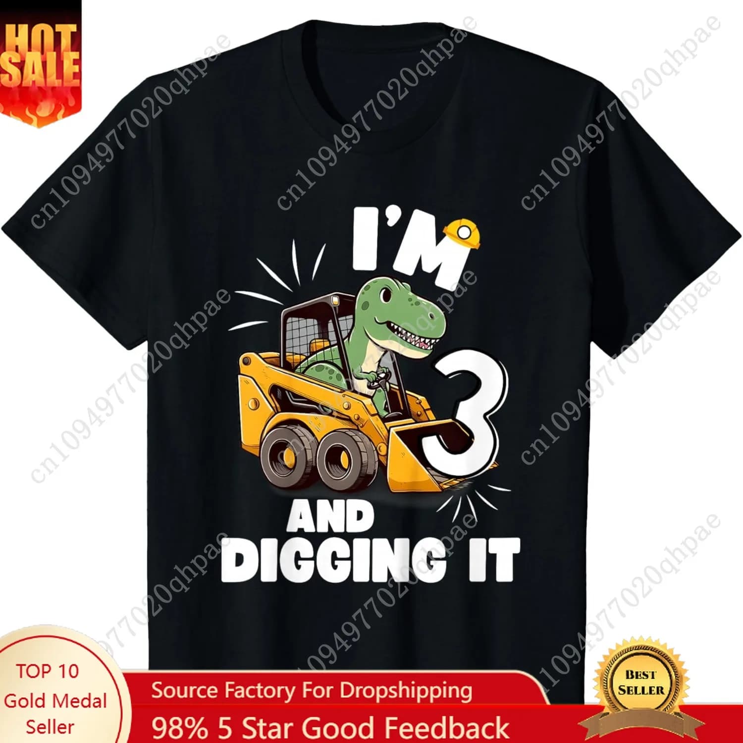 Sono 3 e lo scavando T-shirt da ragazzo con costruzione di dinosauri per il 3° compleanno