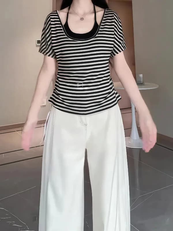 Slimming Striped U-Neck Short Sleeve Women's T-Shirt Korean Style Summer Top with Strap Two-Piece Set Casual Commute Fashion