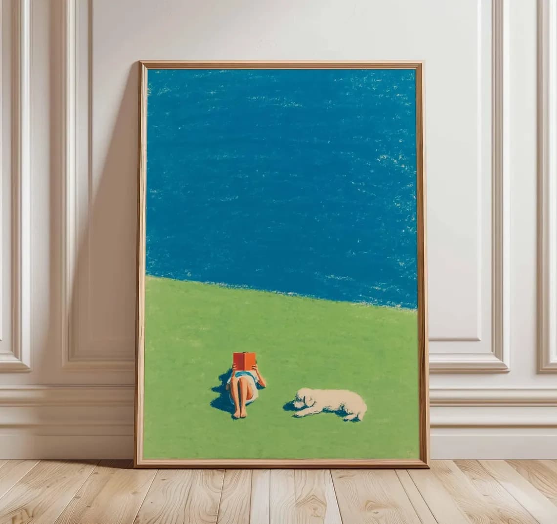 Summer Reading Poster, Minimalist Beach Lawn Wall Art, Relaxed Dog and Book Print, Modern Seaside Inspired Artwork, Coastal H