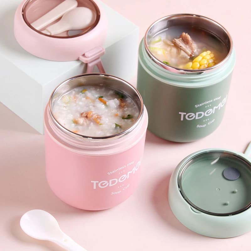 Contenitore Termico per Zuppa in Acciaio Inox con Cucchiaio, Scaldavivande, Thermos per Alimenti, Contenitore Isolato per Picnic e Lavoro