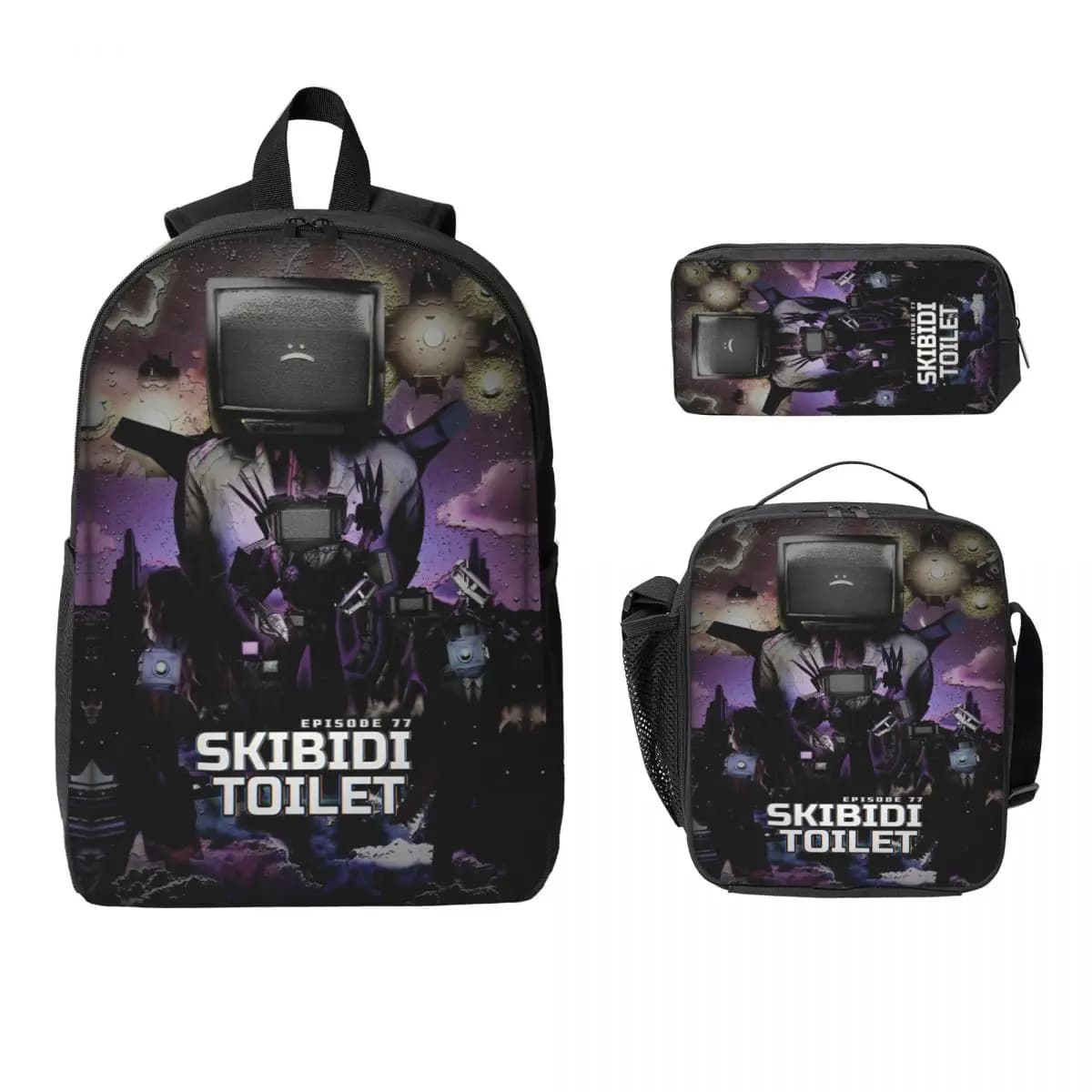 Set di zaini a tema Skibidis WC da 3 pezzi per scatole di matite per ragazza ragazzo Set di borse per libri con scatola per il pranzo Zaino per studenti delle scuole
