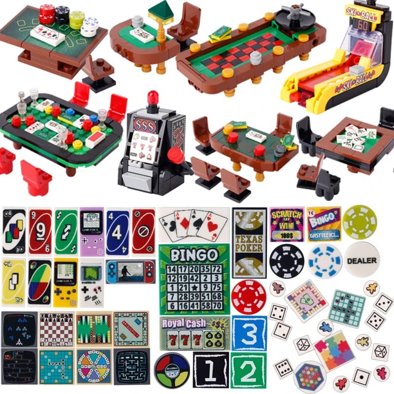 MOC Entertainment Scene Building Blocks Mahjong Poker Table Snowball Game Machine Card Board Sets Printed Accessories Bricks Toy