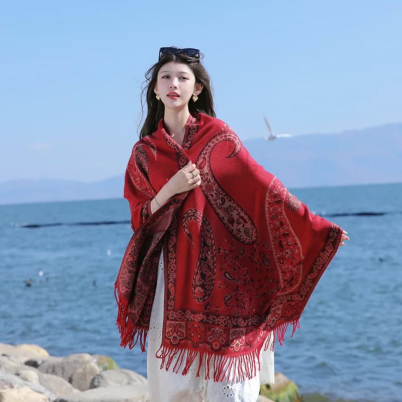 Sciarpa in Seta Rossa Stile Bohemien per Donne, Sciarpa Antivento Calda per Viaggi e Fotografia, Accessorio Etnico Estivo alla Moda
