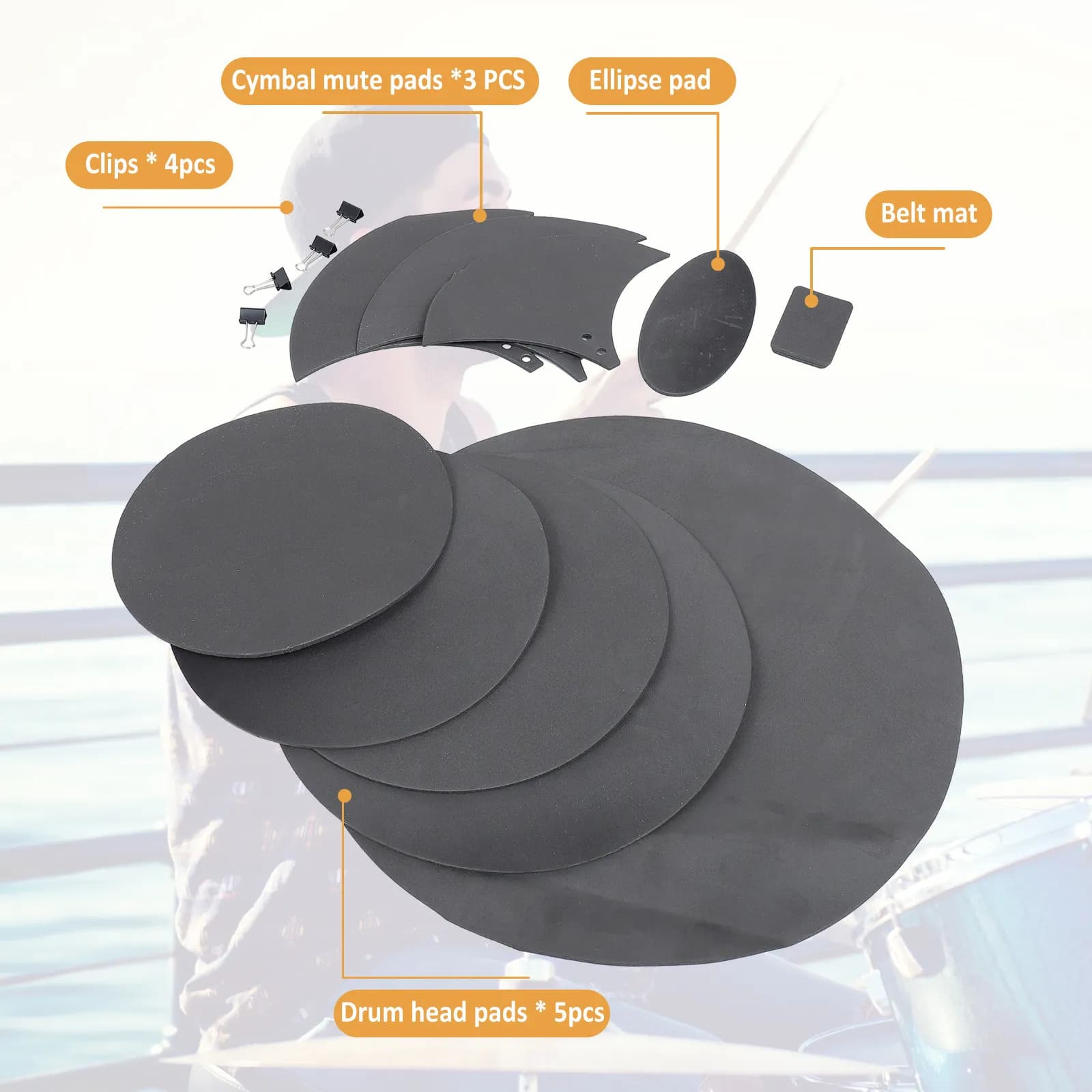 Set di 14 Pad Silenziatori per Batteria, Dimensioni Regolabili, Spessore Standard, Anti-Caduta, Accessori Professionali per Smorzamento