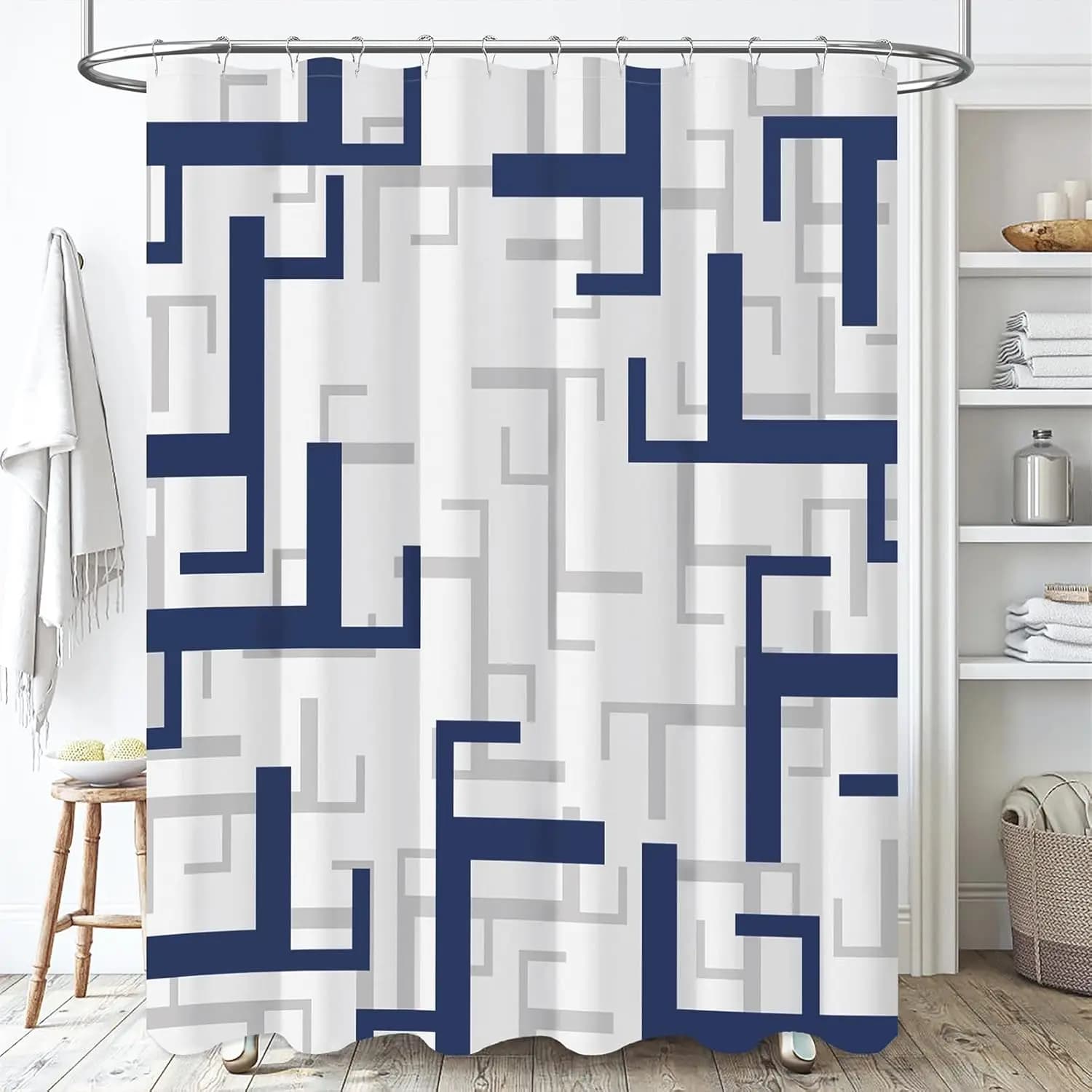 Tenda da Doccia in Tessuto Geometrico Blu Navy 72x72, Poliestere Idrorepellente, Lavabile in Lavatrice, Lusso per Hotel e Spa