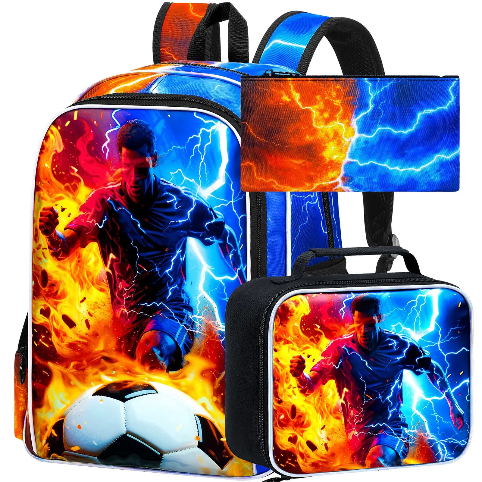 Zaino da calcio per ragazzi, set di 3 pezzi con borsa per il pranzo, zaini scolastici per bambini per scuola elementare, scuola materna e asilo