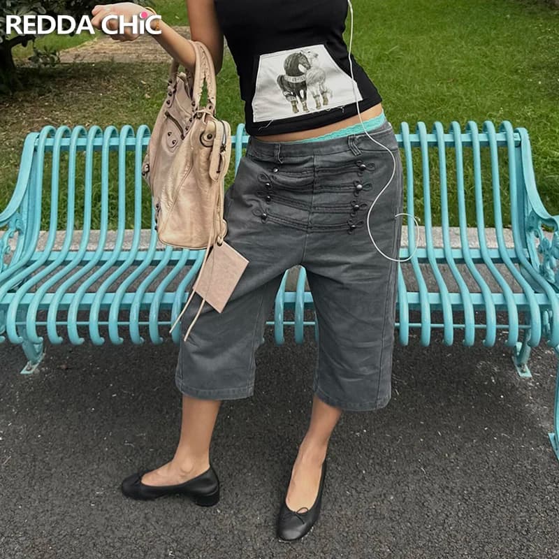 ReddaChic Napoleon Women's Jeans Jorts Emo Gray Vintage Wash Low Waist Wide Leg Cargo Bermuda Denim Shorts Grunge Streetwear