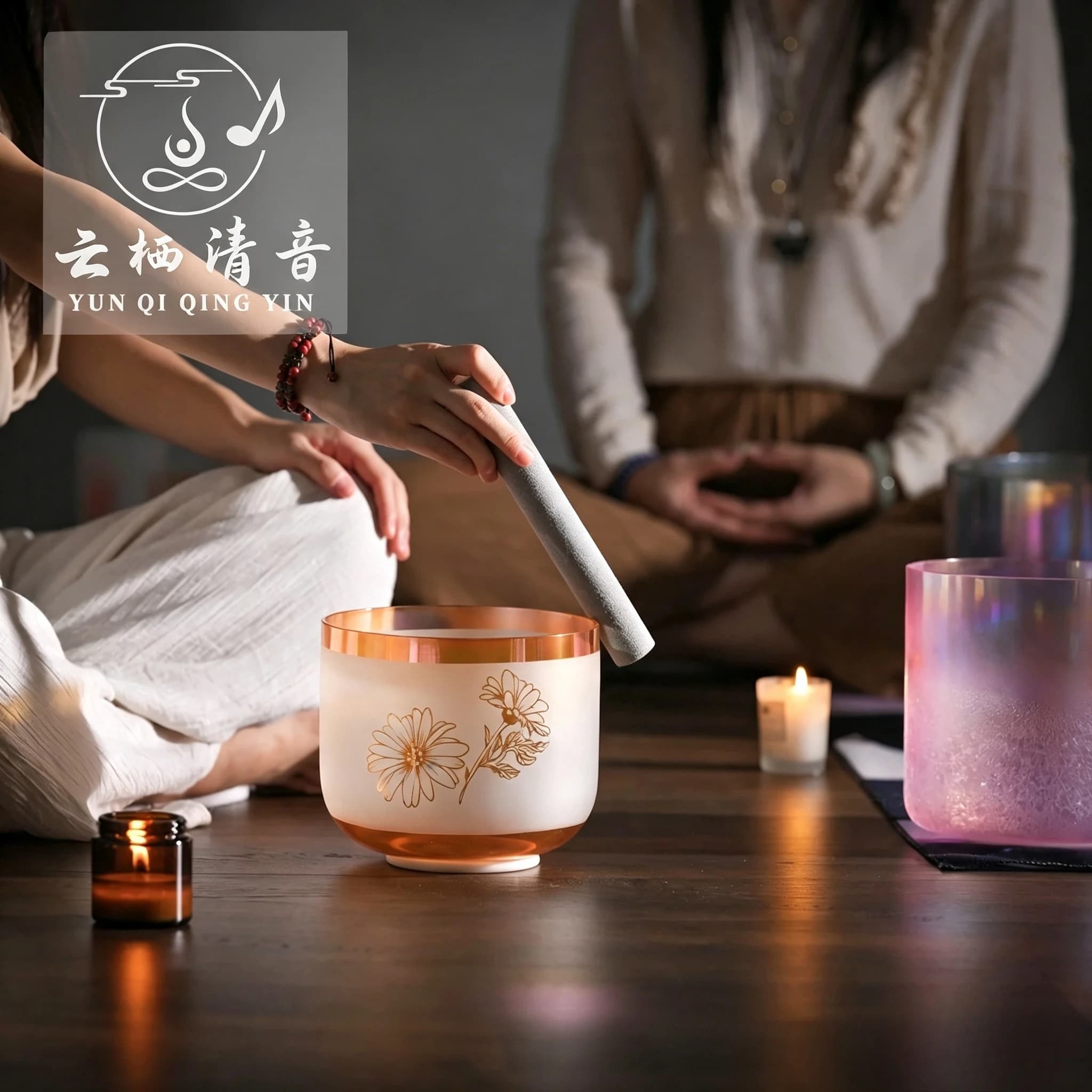 Yunqiqingyin 7 Inch Summer Flowers Color Clear Quartz Crystal Singing Bowl Sound Healing Yoga Meditation With Matching Mallet