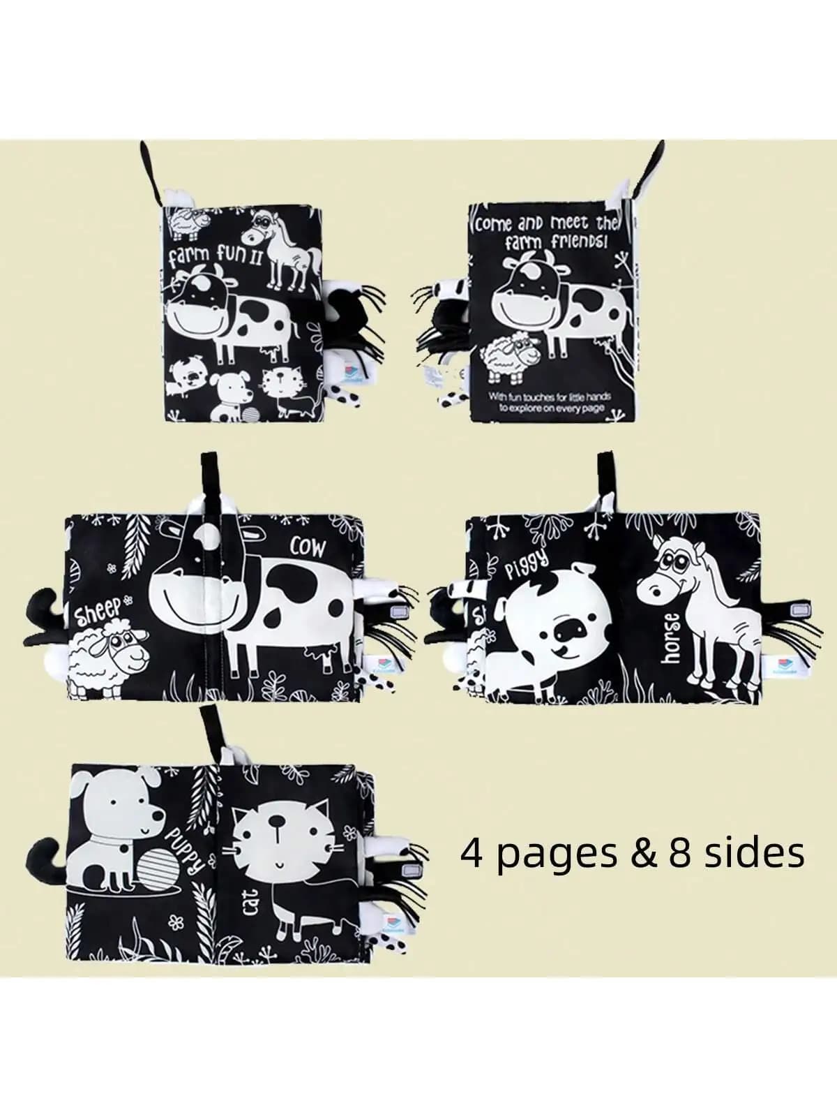 Libro in tessuto con suoni per l'apprendimento precoce dei bambini, con animali in bianco e nero, resistente agli strappi, gioco interattivo genitore-figlio.