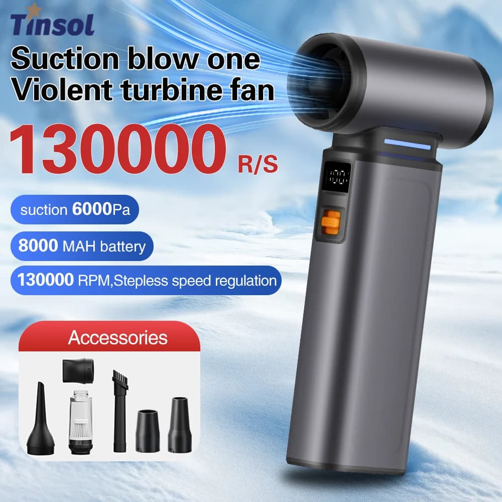 TINSOL Potente Ventilatore Turbo 130.000 RPM, Aspirapolvere a Getto Senza Spazzole per Pulizia Computer/Tastiera/Auto, Soffiatore d'Aria 8000mAh
