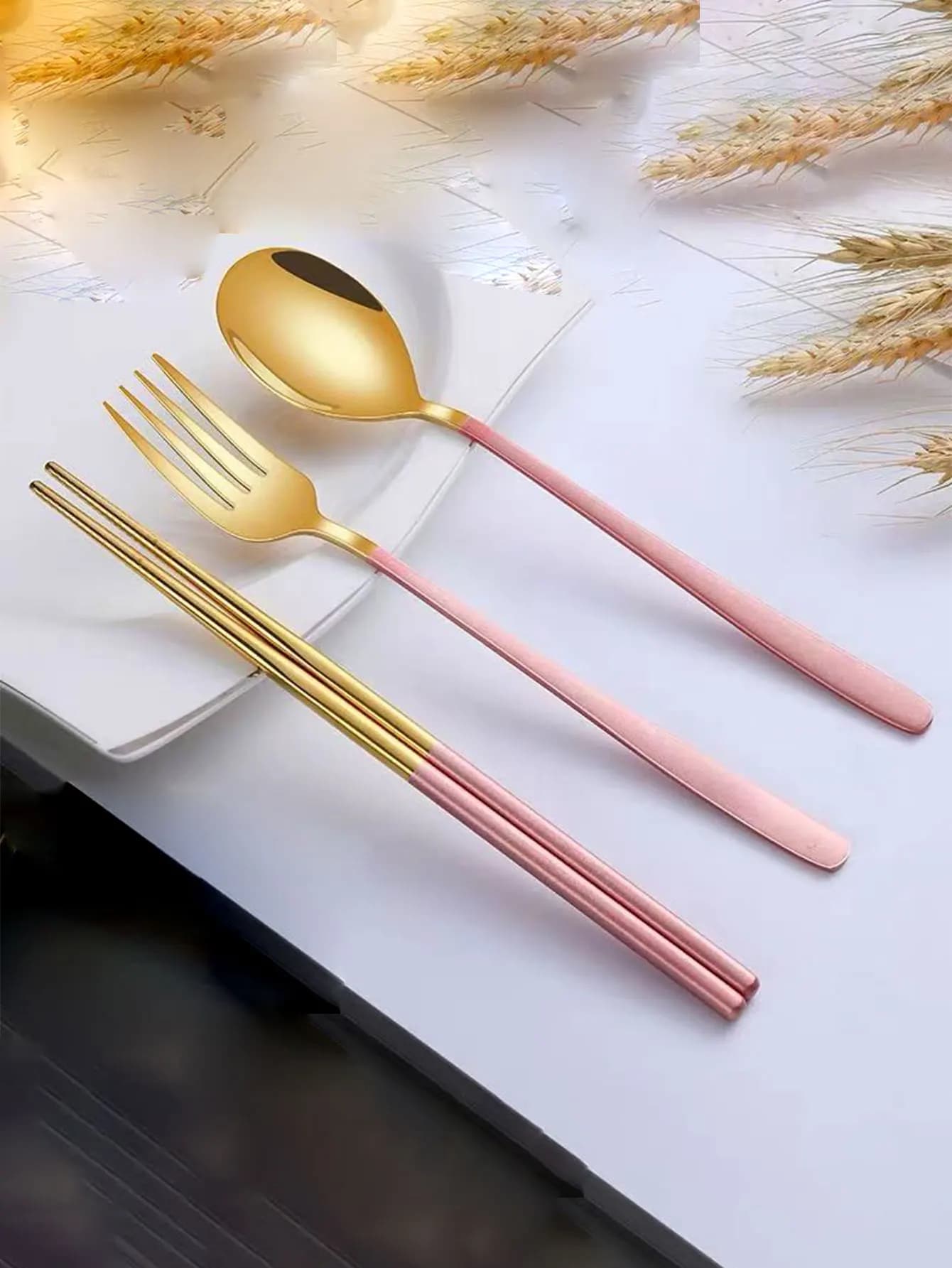 Set di posate portatile in acciaio inossidabile 304 (bacchette, cucchiaio e forchetta) stile INS per viaggi in solitaria, set da tre pezzi con scatola