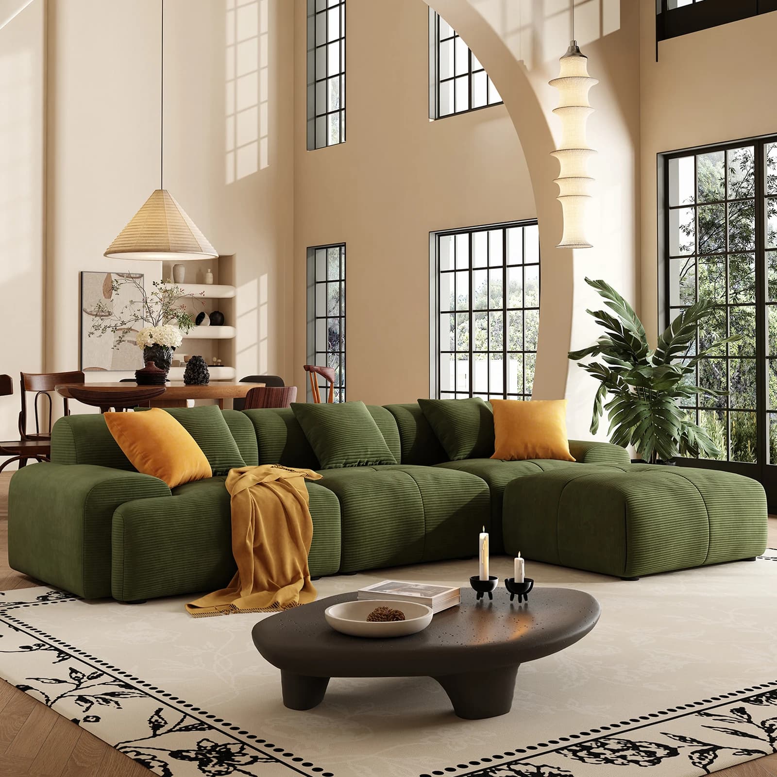 Divano Componibile Moderno a L da 113 Pollici per Soggiorno, Rivestimento in Velluto a Coste Verde, Divano a 3 Posti Cloud con Pouf Mobile