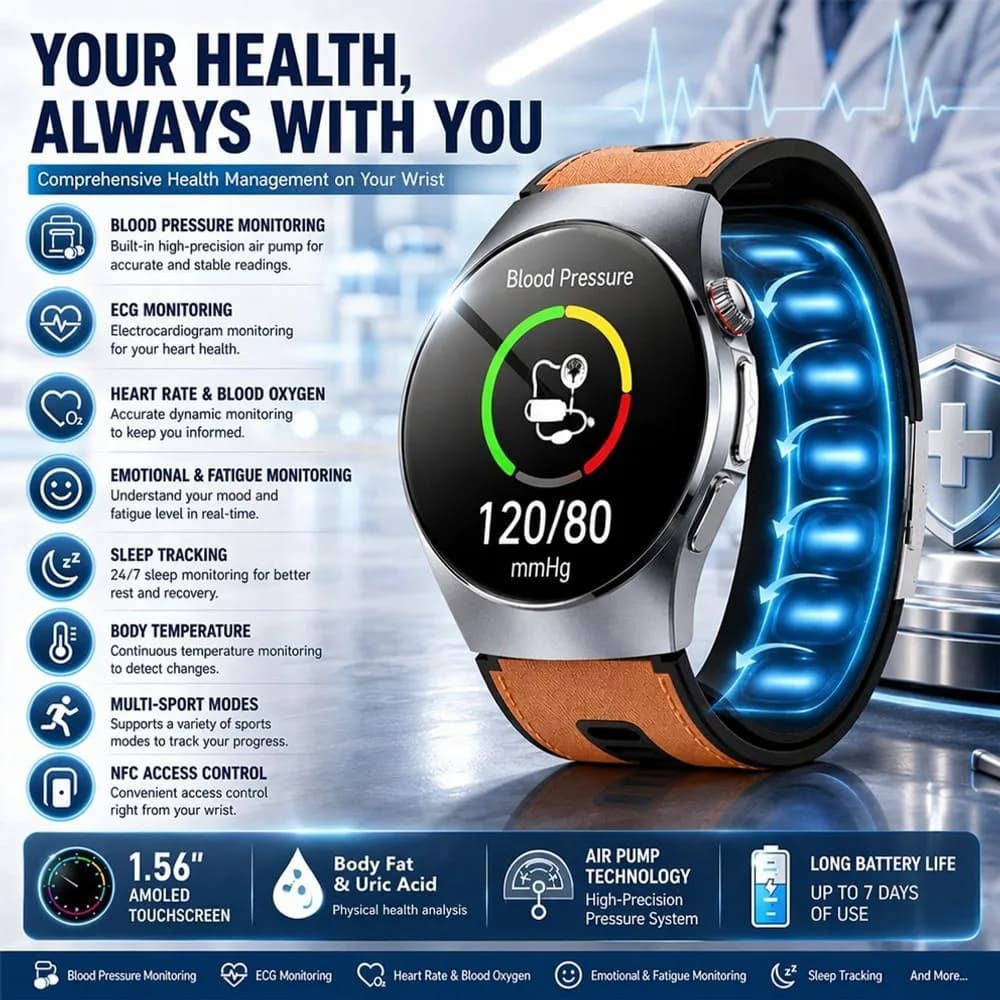 LIGE New Air Pump Airbag Blood Pressure Smart Watch High Precision Dynamic Health Monitor ECG Uric Acid & BMI Smartwatch For Men